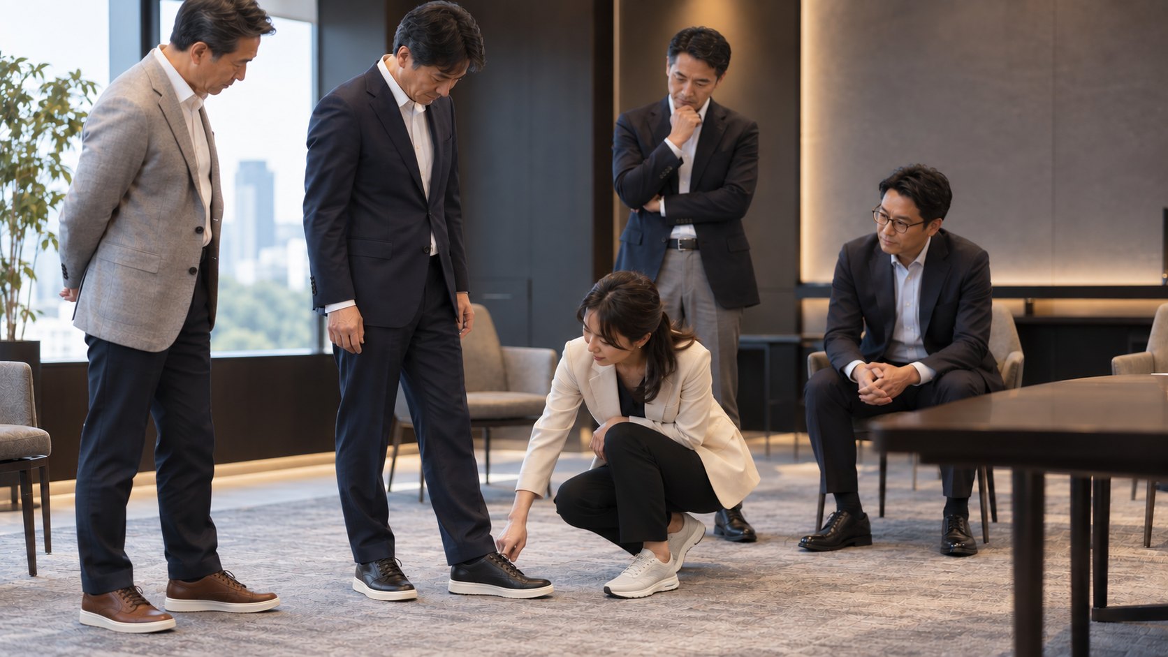 経営者・管理職の靴と歩行を確認する様子